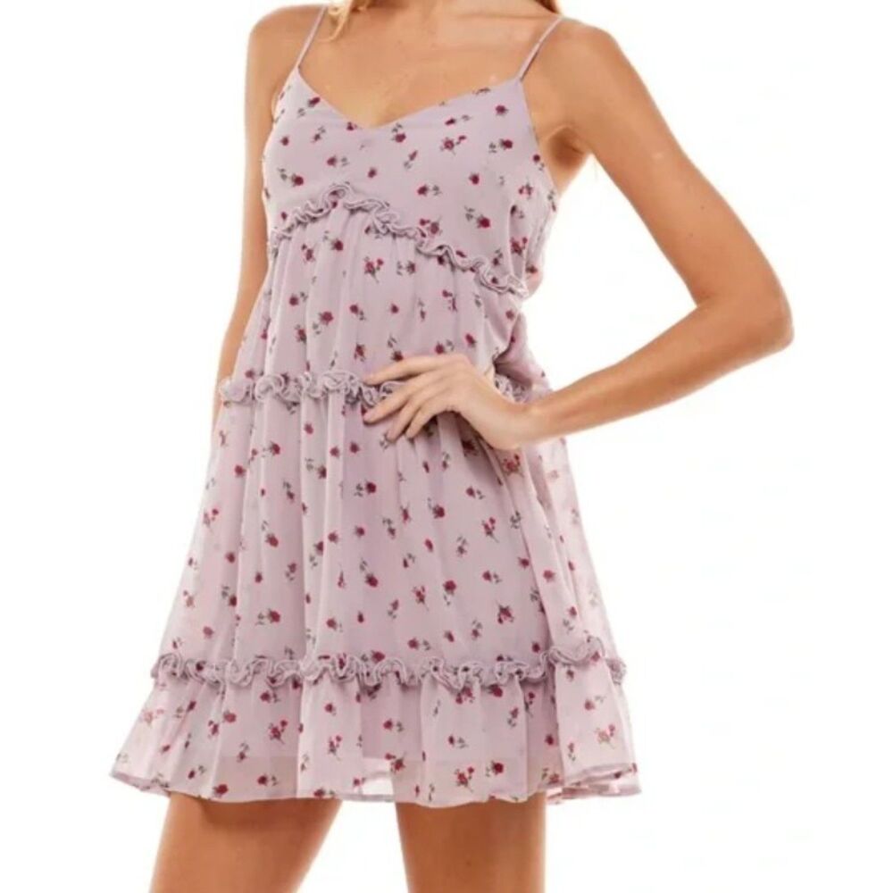 ROW A Purple Floral Jr Sz Small Lined Sleeveless Ruffled Flowy Babydoll Dress
